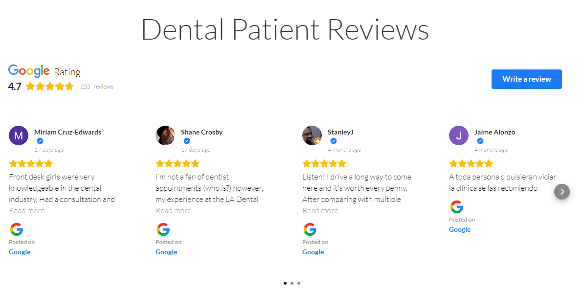 Patient reviews for dental clinic